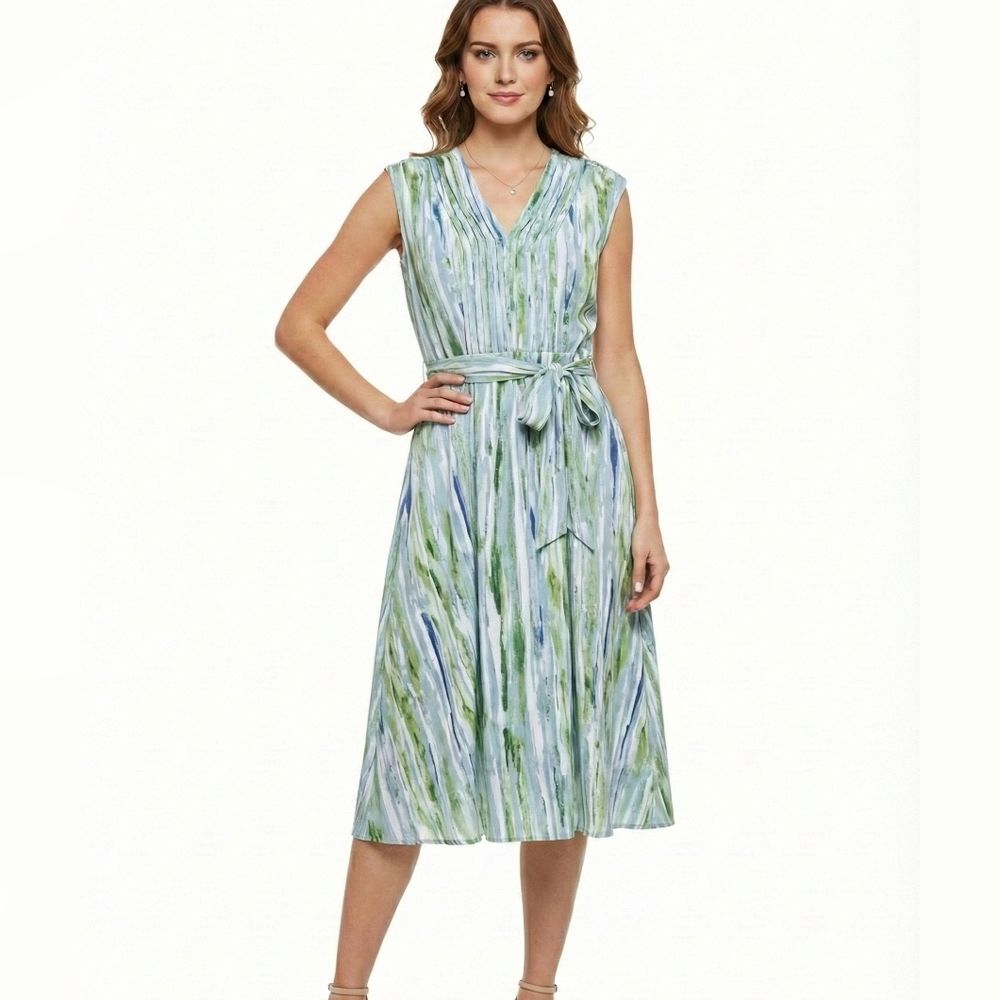 Banana Republic Midi V Neck Dress Green Blue Abstract Watercolor Tie Waist L